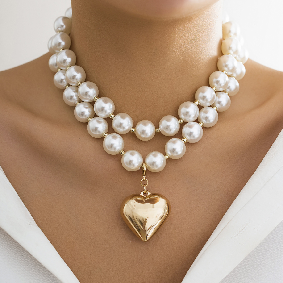 Exaggerated Cyber Style Multi-layer Bead Layered Elegant Niche Detachable Heart-shaped Personality Necklace