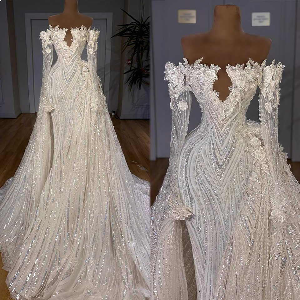 Luxurious Mermaid Wedding Dresses Off Shoulder Long Sleeve Flowers Applqiues Bridal Gowns Sequins Customized Bride Dress