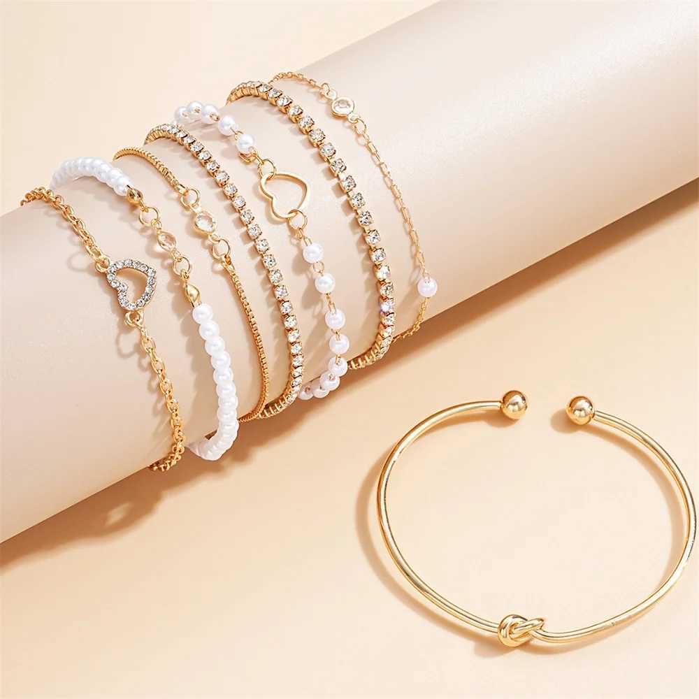 8Pcs Set Pearl Zircon Bracelet Gold Color Multi-layer Interlocking Barefoot Ankle Bracelet On Leg Jewelry Accessories X2507181