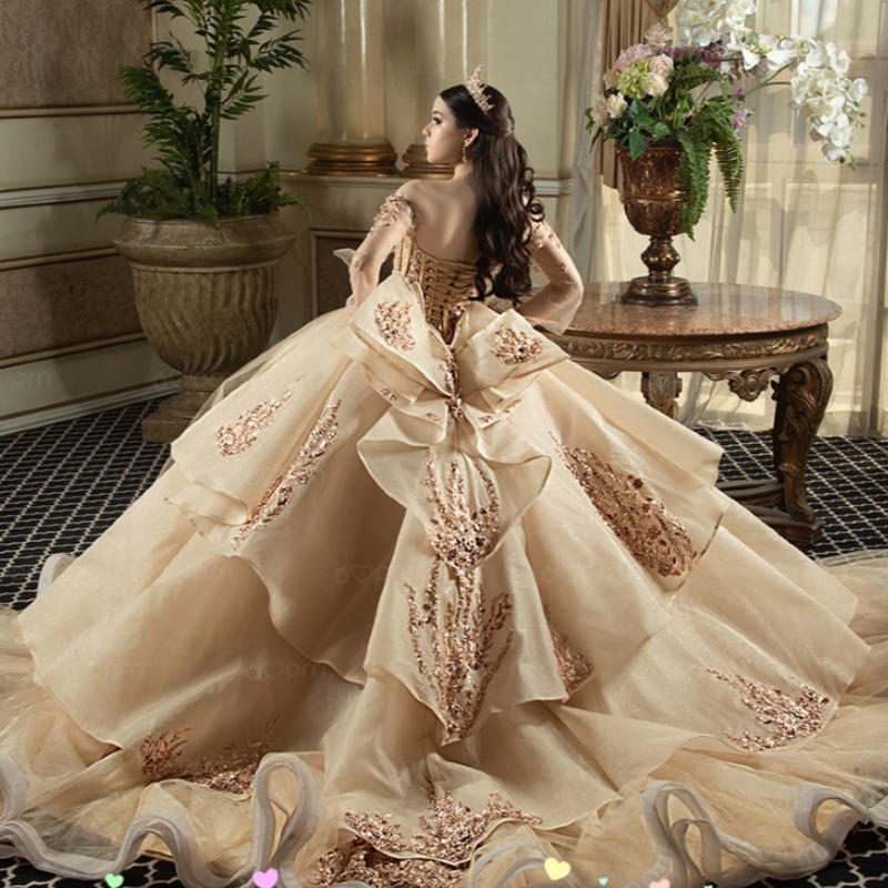 Champagne Shiny Quinceanera Dresses Ball Gown Off The Shoulder Applique Lace Beads Bow Tull Corset Sweet 16 Dress Vestidos 15 Anos