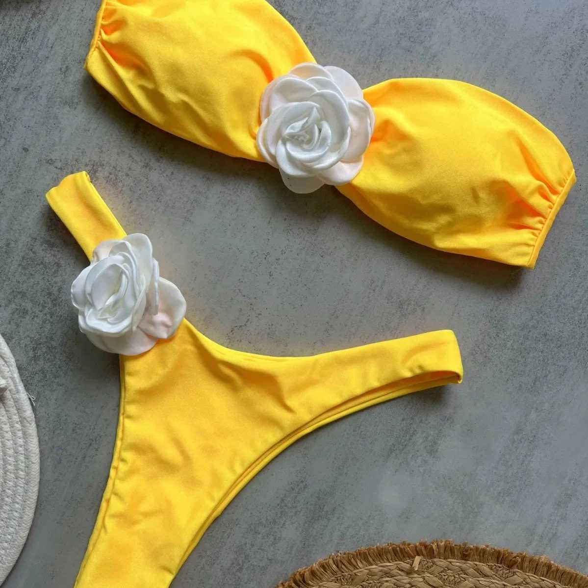 2025 yellow three-dimensional flower new solid color bikini sexy backless split swimsuit nylon bikiniXJ250624