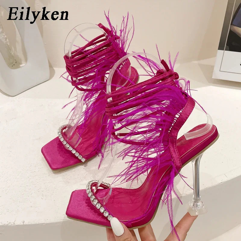 Eilyken Street Style Square Toe Woman Sandals Fashion Crystal Lace-up Transparent Perspex High Heels Shoes Party Dress Pumps 250624