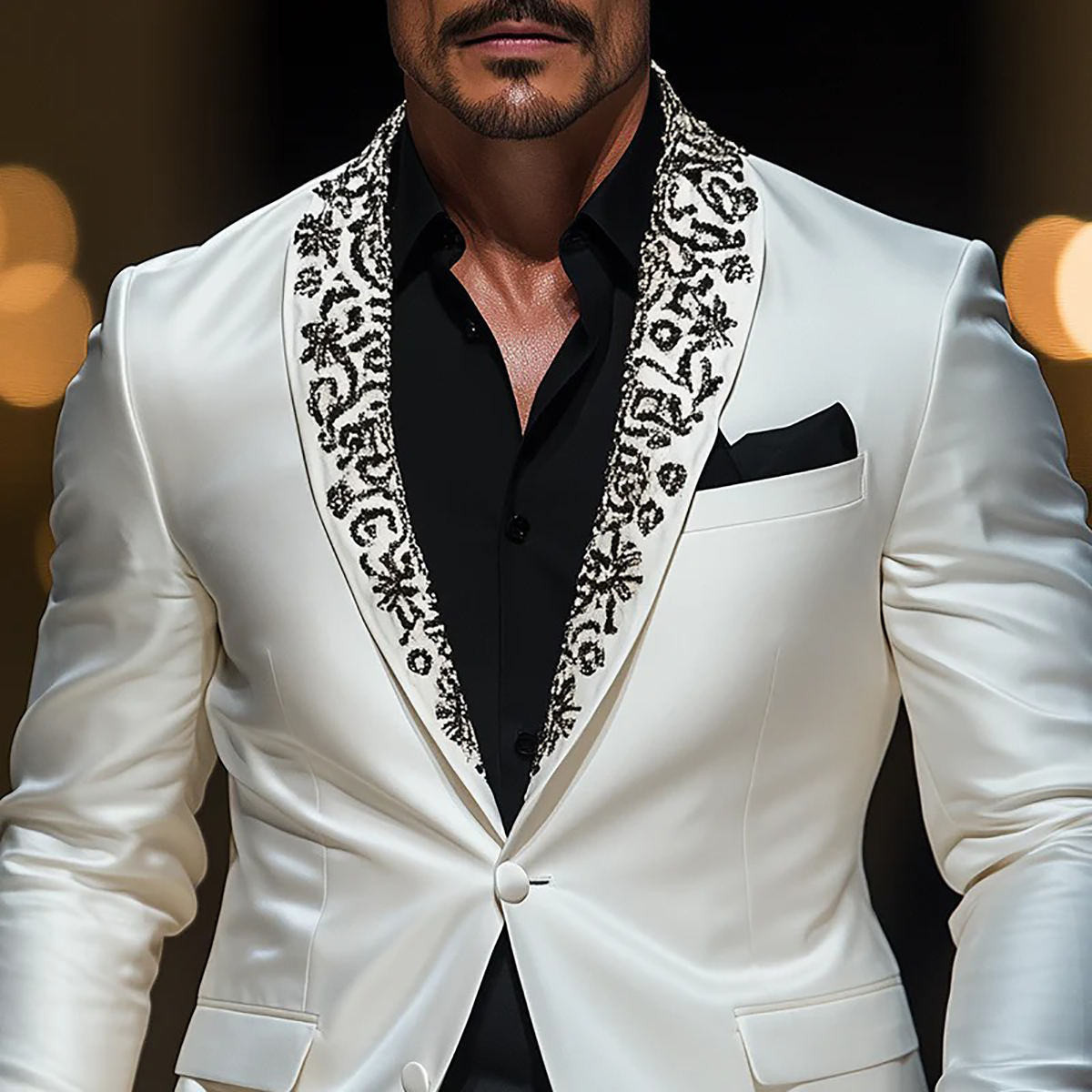 SImple Tailor-Made Appliques Men Suits 2 Pieces Set Shawl Lapel Jacket Beading Blazer Two-Button Groom Customized Coat Black Pants Plus Size