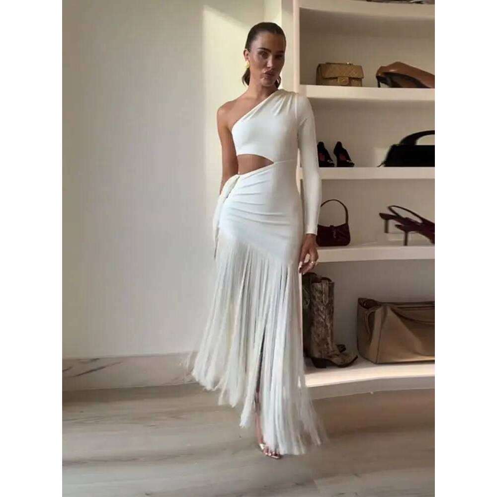 Sexy Tassels Hallow Out Dress Women Slim Skew Collar One Long Sleeves Vestidos Female 2025 Summer Chic High Waist Dresses