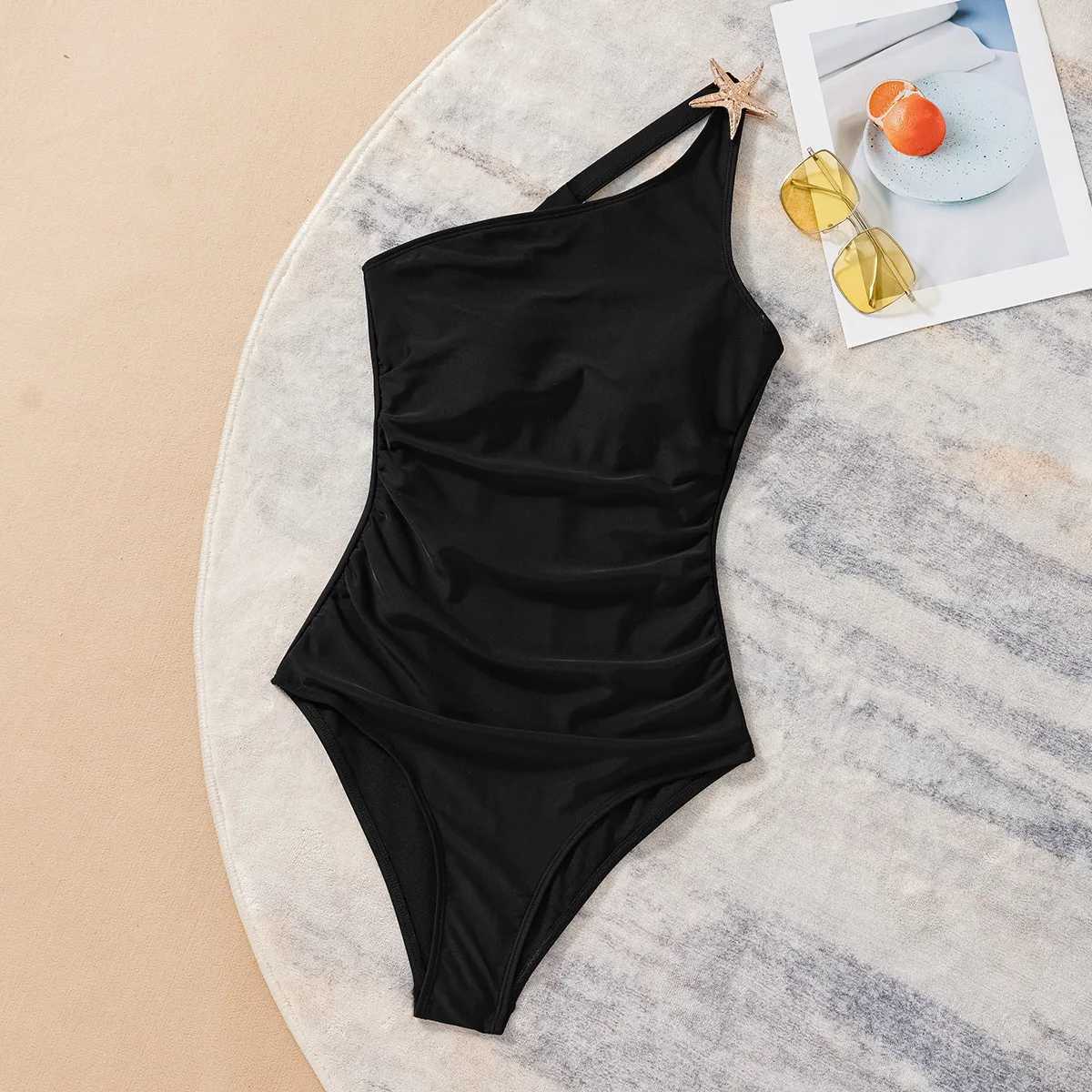 Solid color shoulder sexy and thin one-piece bikini swimsuit womens swimwear 2025 new XJ250624