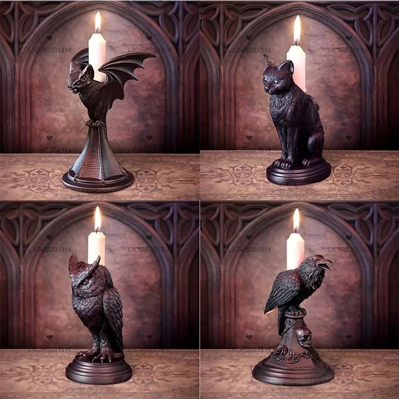 Creative Retro Gothic Black Crow Candle Holder Halloween Statue Owl Bat Cat Shape Resin Sculpture Craft Ornament Home Decoration 250625