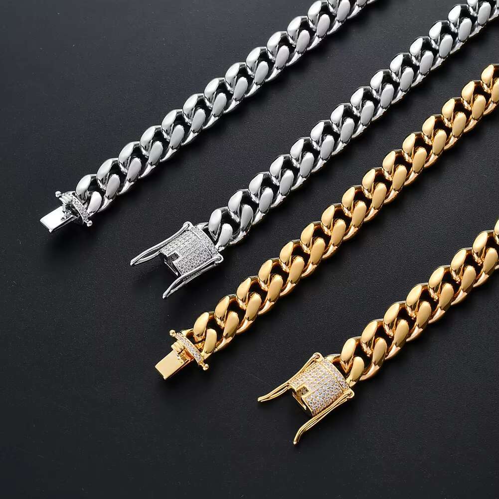 BC001 8mm 10mm 12mm 14mm Stainless Steel Cuban Chain Necklace with Brass Setting Zircon Clasp Hip Hop BLING