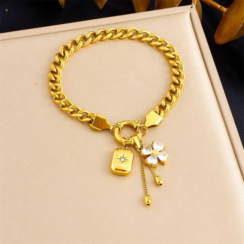 LAMENGLY 316L Stainless Steel Zircon Inlay Flower Cuboid Tassels Pendant Bracelet For Women Creative Novel Hand Chain Party Gift X250625