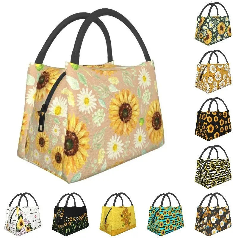 Sunflowers And Daisies Insulated Lunch Bags for Floral Flower Portable Cooler Thermal Food Lunch Box Outdoor Camping Travel 250624