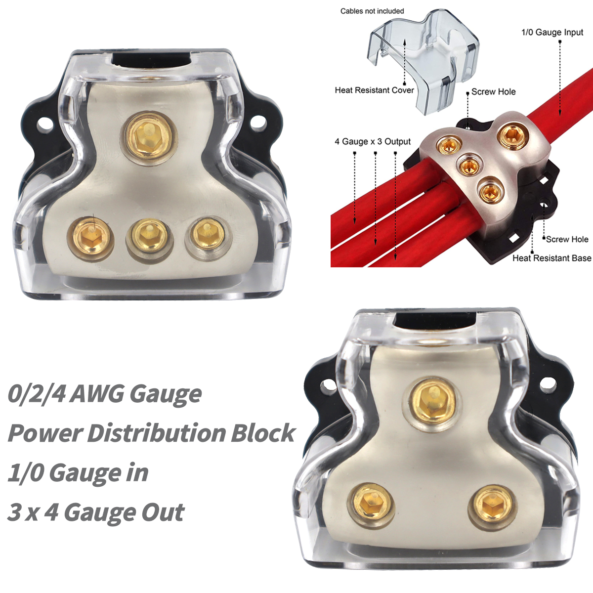 Automotive Power Distribution Block with Connector for Car Audio Mods Supports Various Wire Gauges (0AWG, 1/0, 2AWG, 4AWG)