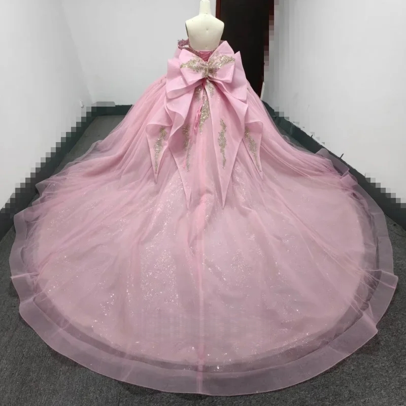 Sparkly Pink Ball Gown Off The Shoulder Quinceanera Dresses Bow Appliques Beading Crystal Sweet 16 Birthday Party Dress Vestidos 15 De Xv Anos