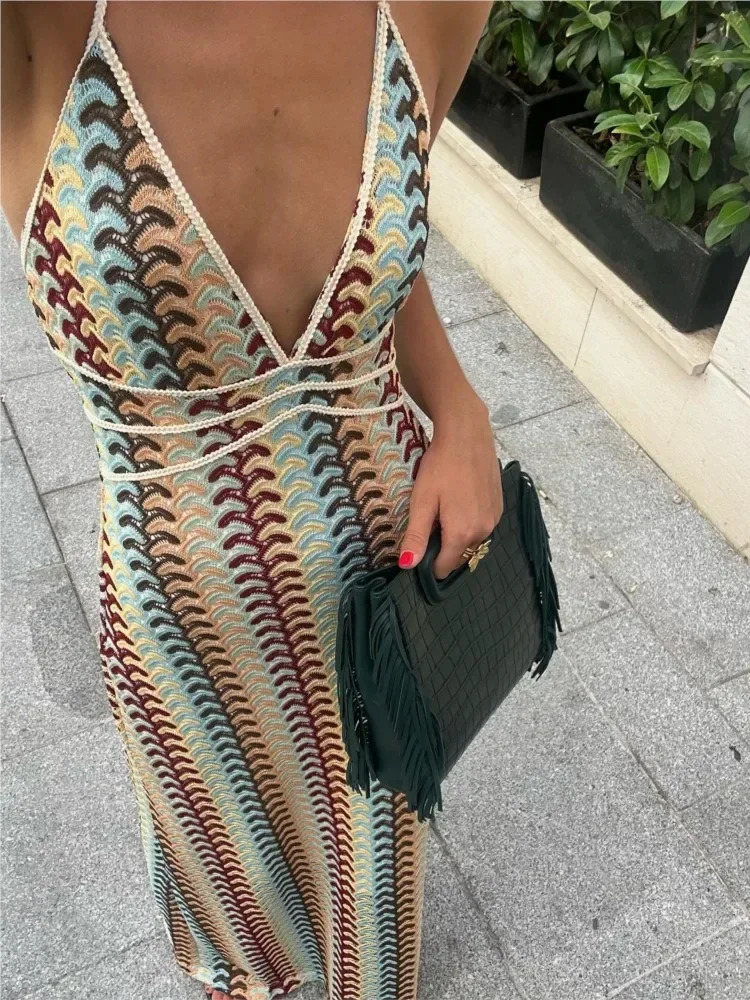Sexy Printed Colorful Deep V-neck Crochet Maxi Dress Women Chic Sleeveless Backless Sling Slim Vestido 2025 Lady Vacation Robes 250618