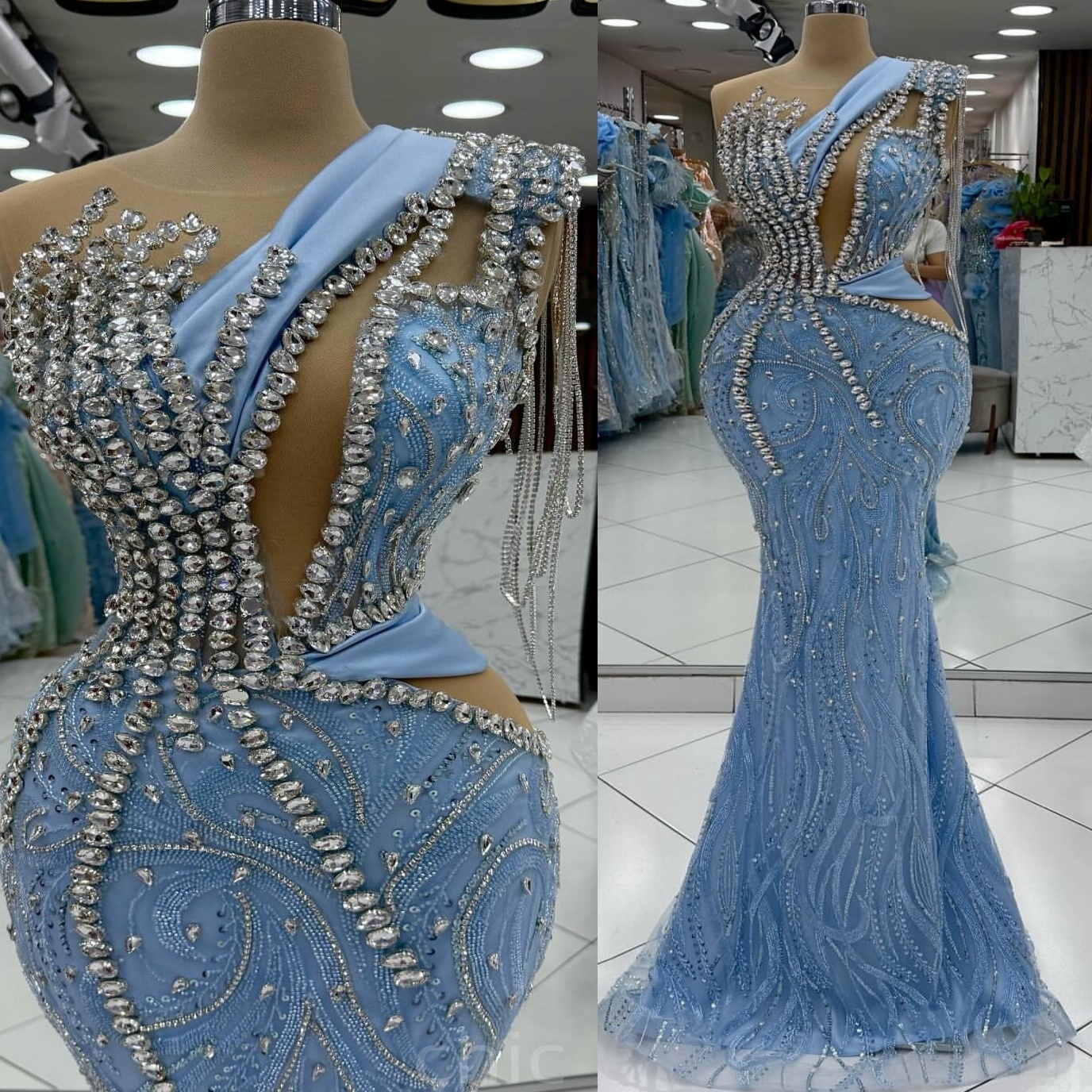 Sky Blue Mermaid Prom Dresses 2025 Rhinestones Sheer Neck Sequined Evening Formal Party Second Birthday Engagement Gowns Plus Size Dress For Special O
