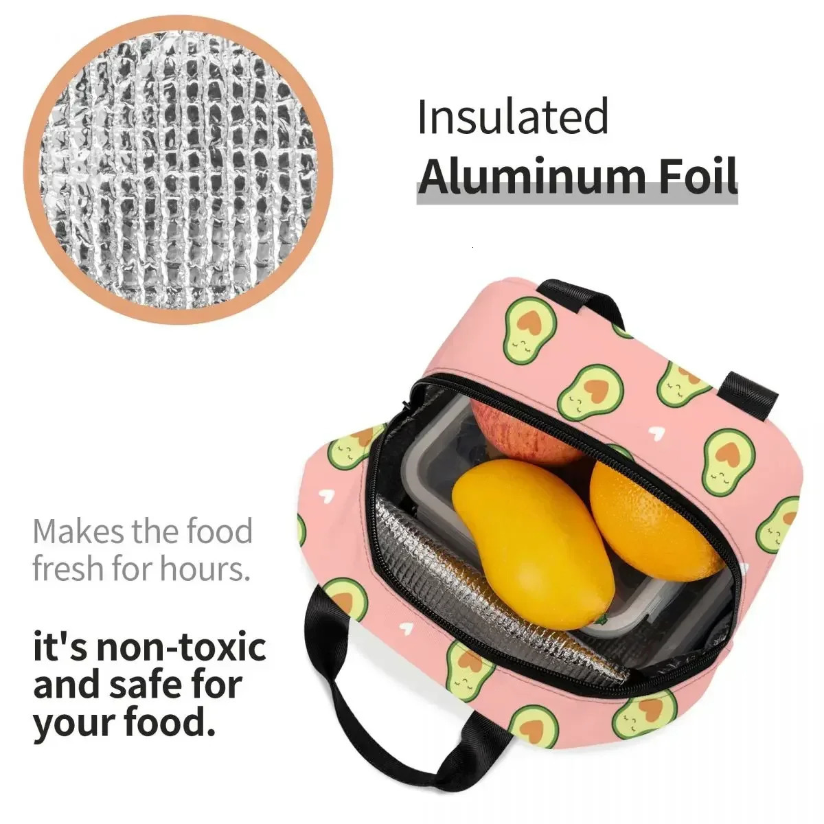 Cute Avocado Pattern Insulated Lunch Tote Bag for Women Resuable Cooler Thermal Bento Box Kids School Children 250624