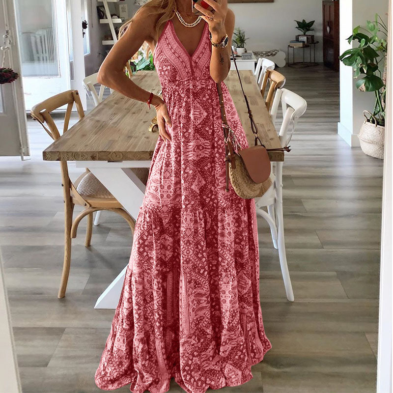 Y625New hot selling women's suspender skirt bohemian style holiday print dress