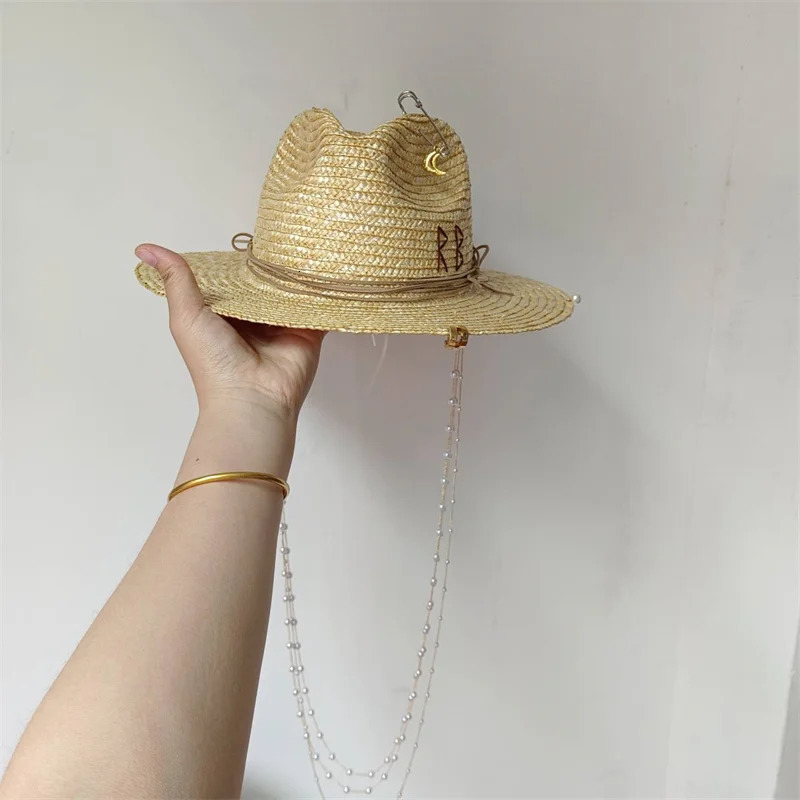 White straw hat pearl chain DIY flat top sun hat Korean elastic ribbon hat beach hat candy color sun hat 250624