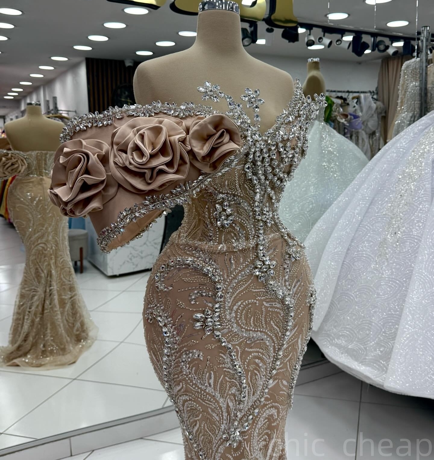 Champagne Mermaid Prom Dresses 2025 Illusion Crystals Flowers Evening Formal Party Second Birthday Engagement Gowns Plus Size Dress For Special Occasi