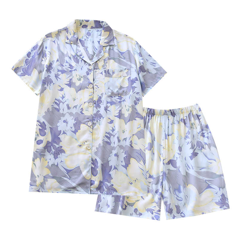 Women's summer pajama set with collar, short sleeved shorts, home wear, satin soft, comfortable and cool pajama set