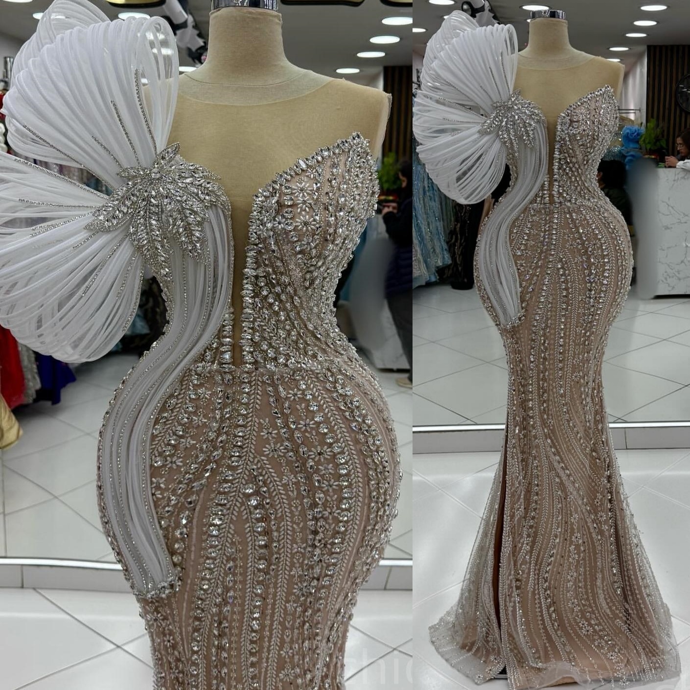 Champagne Mermaid Prom Dresses 2025 Illusion Crystals Sheer Neck Evening Formal Party Second Birthday Engagement Gowns Plus Size Dress For Special Occ