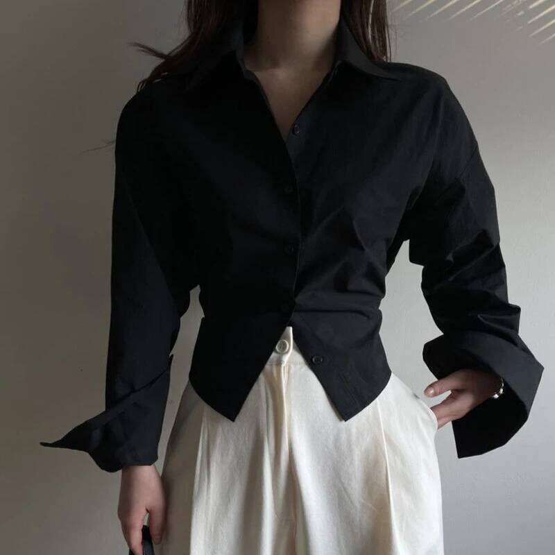 Gidyq Korean Bandage Shirt Women Fashion Backless Sexy Blouse Office Ladies Casual Slim Chic Turn Down Collar Long Sleeve Tops