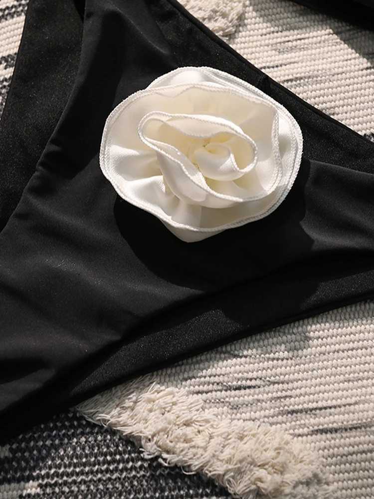 White 3D Flower Black Feminine Bikini Sets Sexy High Waisted Womens Two-piece Swimsuit 2024 Trend Brazilian Beach Outfit XJ250624