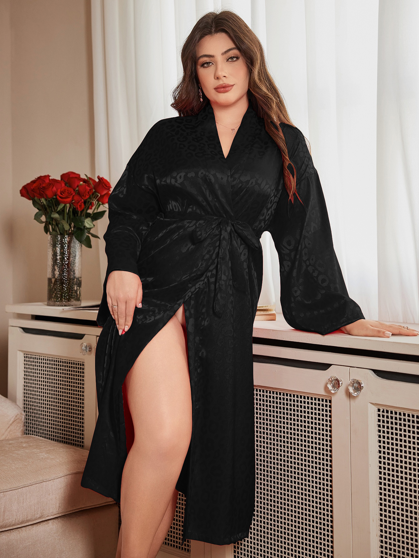 Women's designer robe home long sleeved silk robe thin sexy printed lace up morning gown fashionable and simple cardigan pajamas.