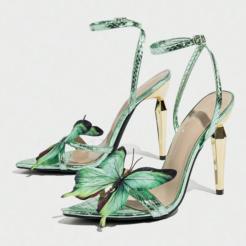 Liyke Fashion Chic Metal Strange High Heels Sandals Women Green Butterfly Pointed Open Toe Party Prom Shoes Size 35-43 250624