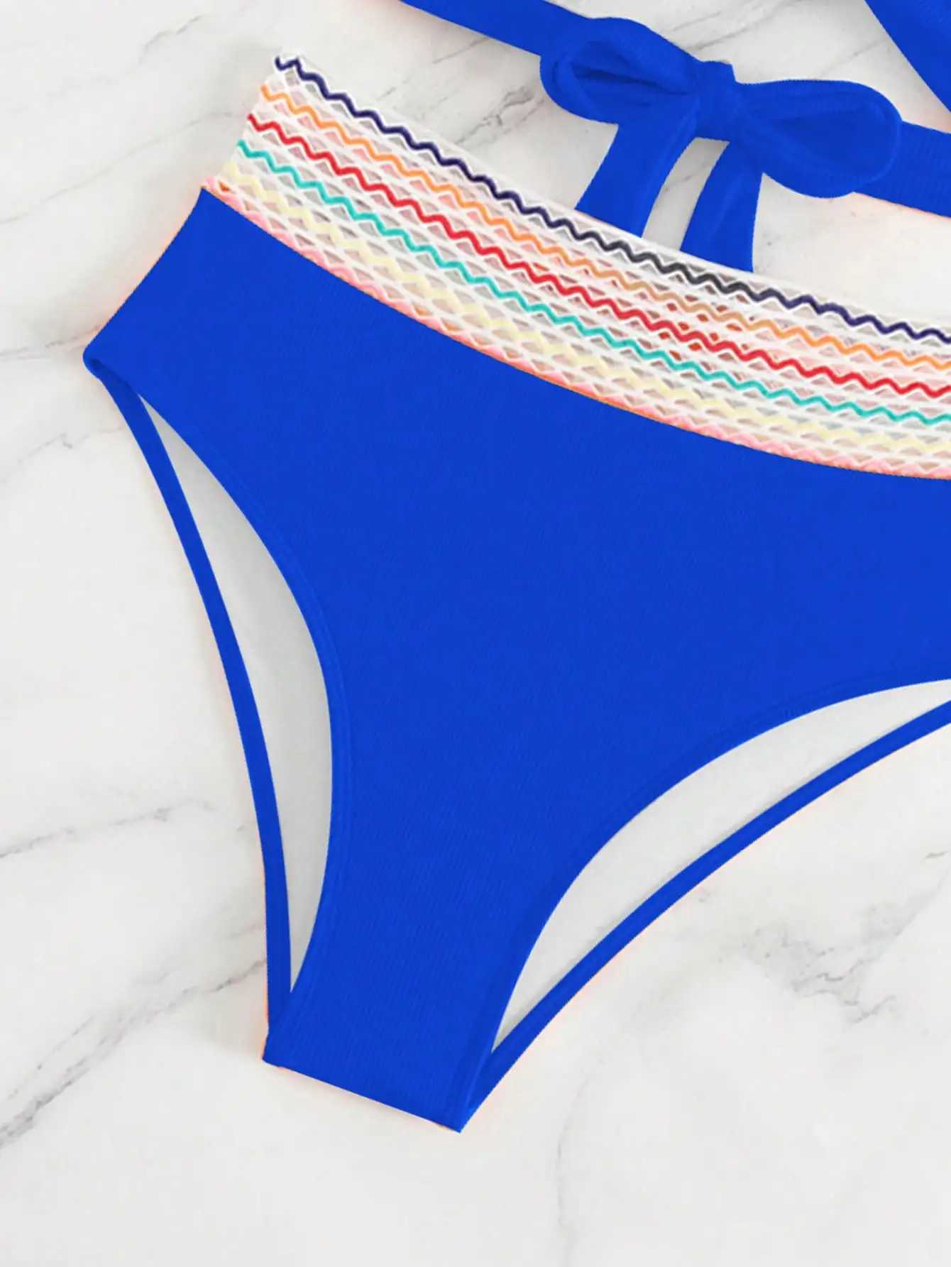 Solid color bikini top with colorful shoulder straps slimming separate high-waisted shorts summer swimwearXJ250624