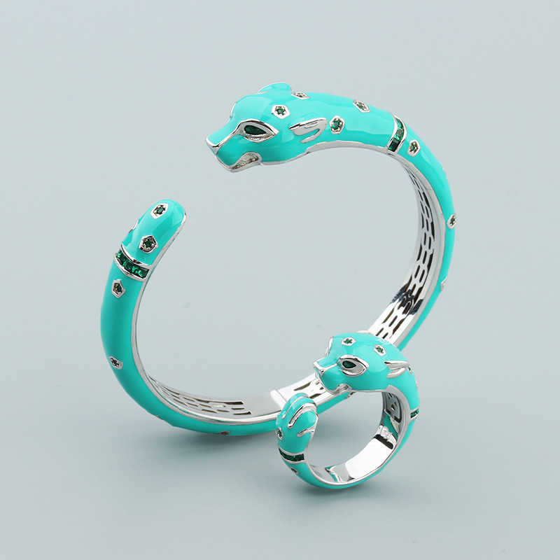 Leopard Bracelet Ring Set Personality Unisex Copper Gold-Plated Open Bracelet Cute Cheetah Enamel Resin Bracelet 250615