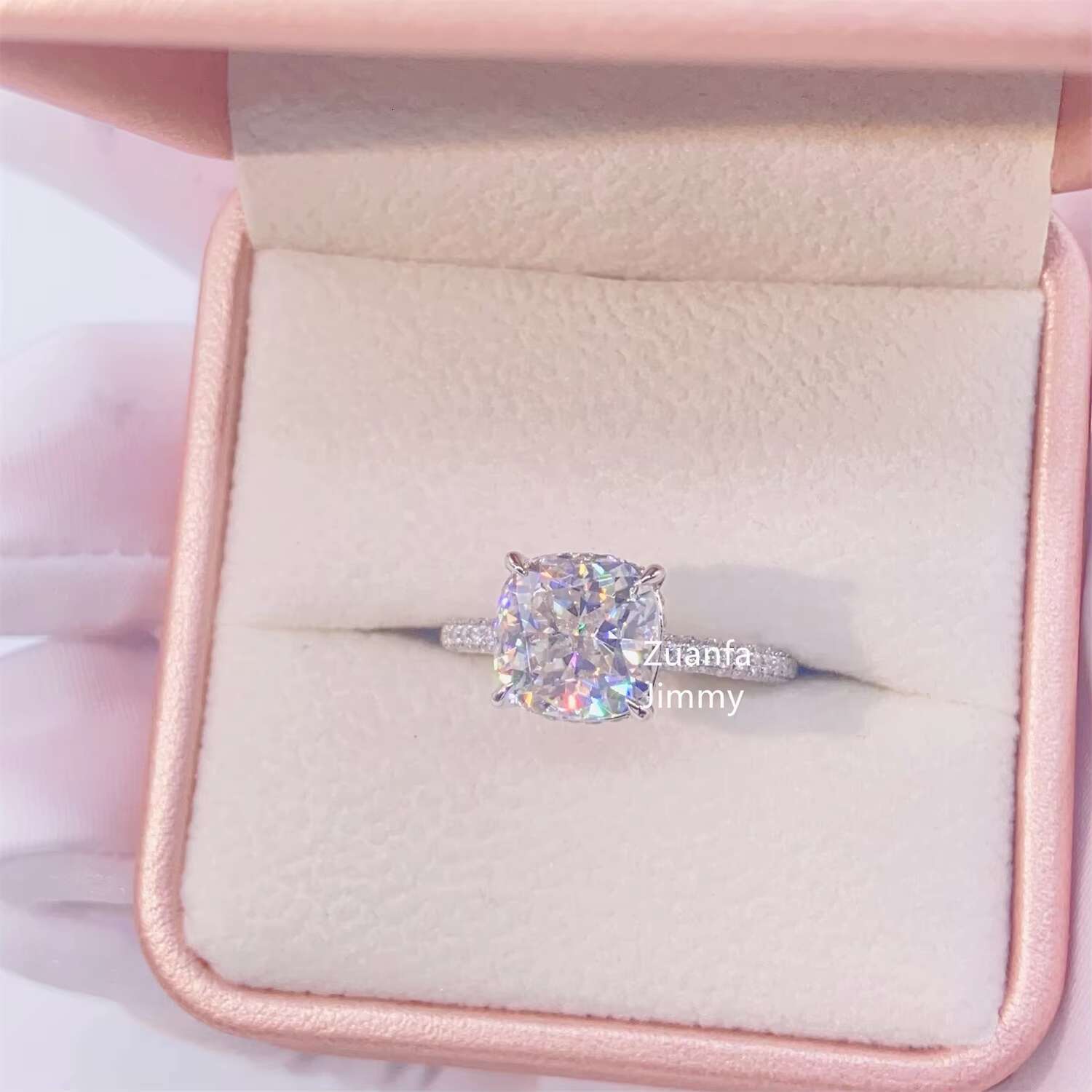 14K White Gold 3.00ct Cushion Cut Colorless GRA Moissanite Engagement Ring Handmade Pave Set Band Ring Wedding Ring