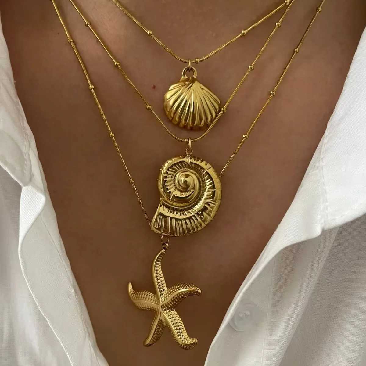 Minimalist Starfish Striped Conch Scallop Shaped Pendant Necklace for Women Waterproof Trend Jewelry Summer Beach Party V250625