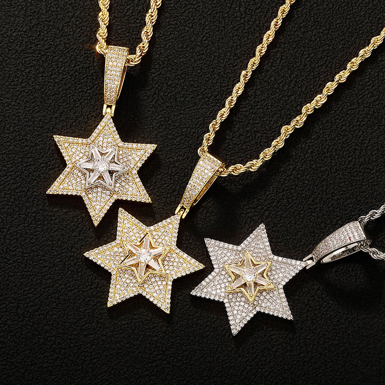 New In 14k Gold Hip Hop Diamond Rotating Hexagonal Star Pendant Necklace Full Bling Cubic Zirconia Trendy Streetwear Jewelry Gifts For Men And Women C