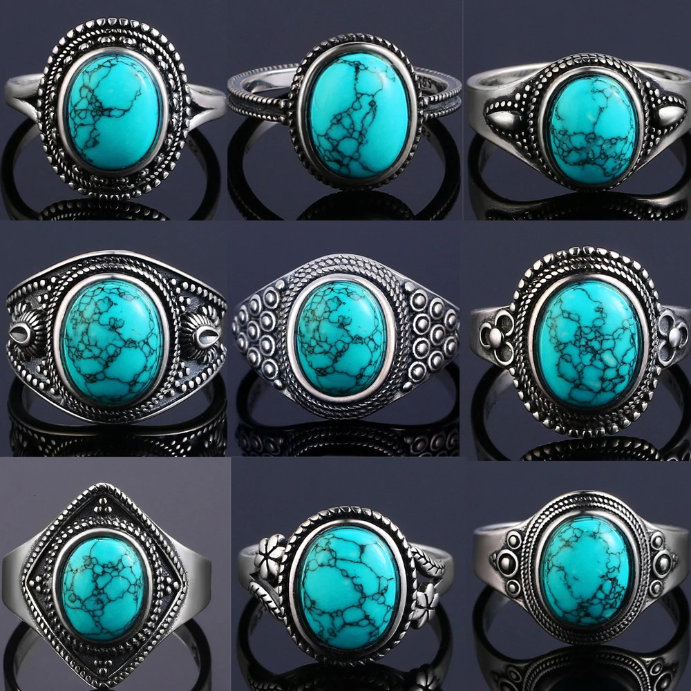 Vintage S925 Silver Ring Natural Turquoise Rings Jewelry Party Anniversary Birthday Gift for Women Man 250624