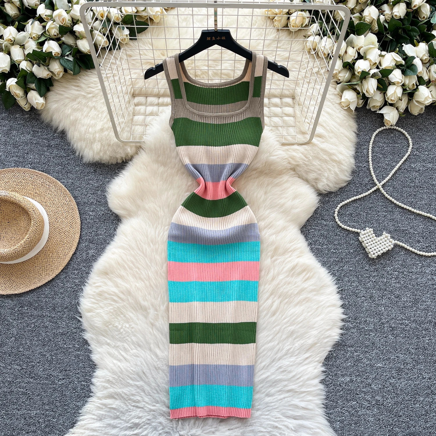 Chic Elastic Knit sleeveless Bodycon striped Women Elegant Korean Fashion Vestidos Summer Slim Wrap Pencil Dress 250618