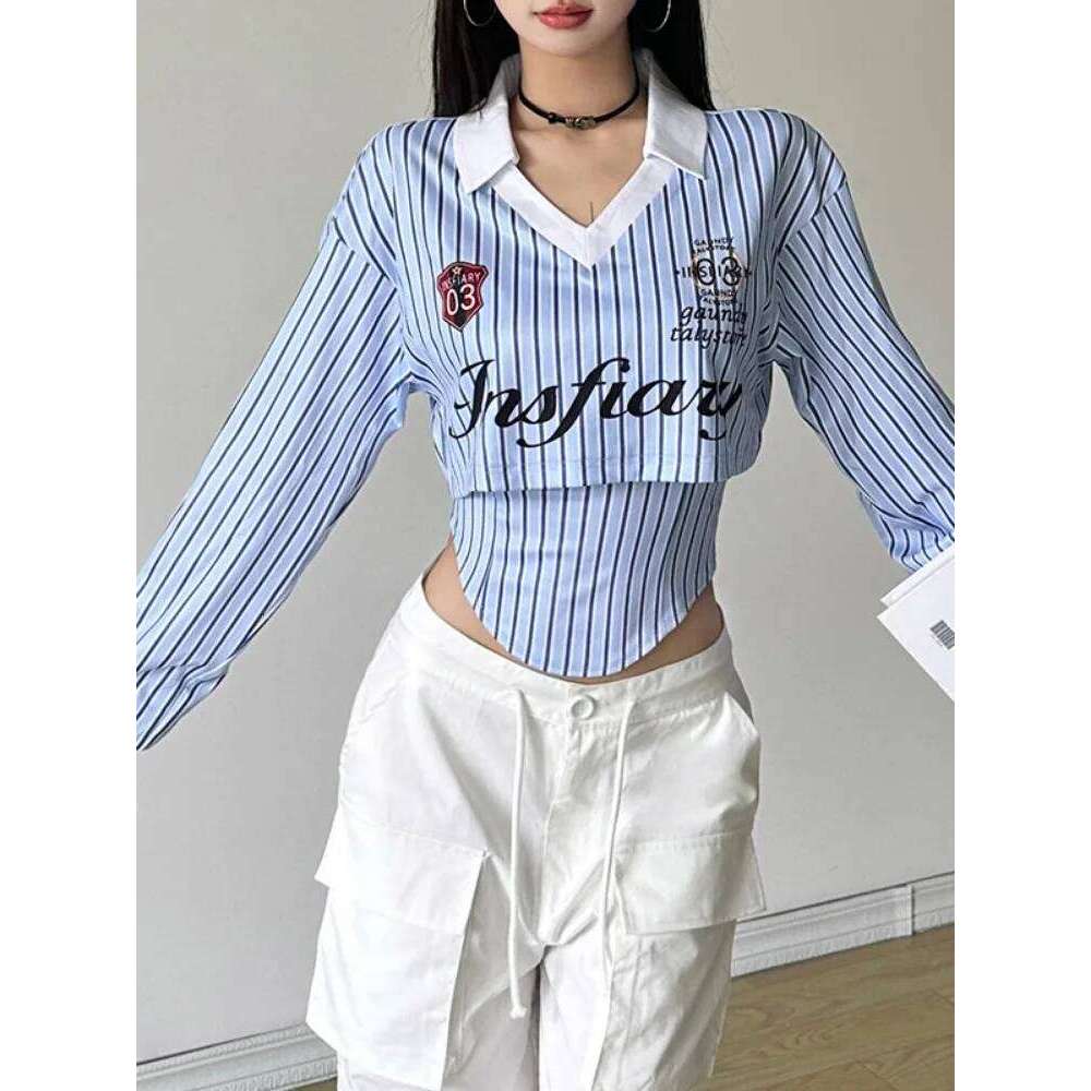 Preppy Style Cropped Streetwear Stripe Letter Printing T Shirts + Grunge Irregular Tank Top Women Y2k Aesthetic Two Pieces Set