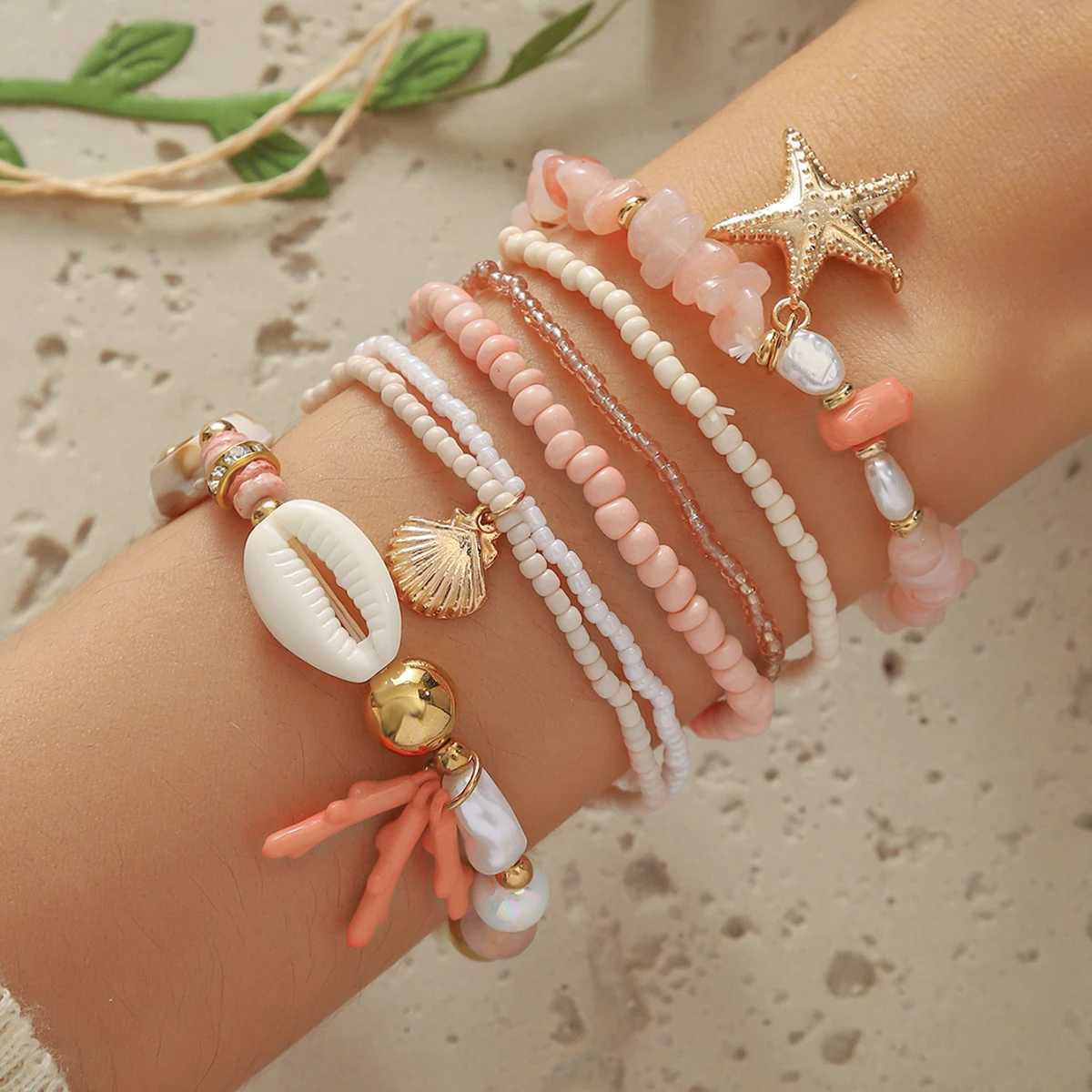 Bohen Style Handmade Beaded Wens Bracelet R Bead Starfish Bracelet Shell Coral Fashionable Ocean Bracelet 6 Pieces X250625