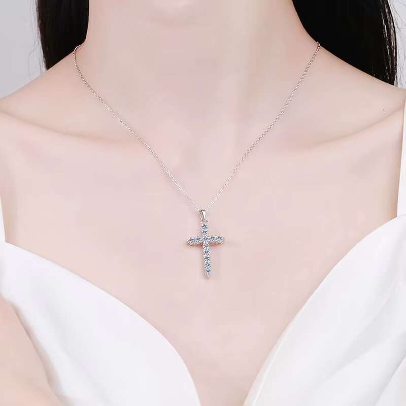 Hot Sales S925 Sterling Silver Moissanite Cross Pendant Necklace VVS D-Color with Rhodium Plating Birthstone Claw Setting Inlay