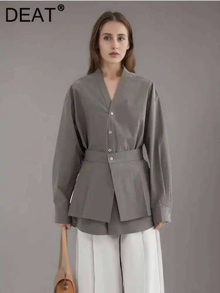 DEAT Fashion Removable Waist Seal Shirt Women's Lapel Loose Single Braested Long Sleeve Gray Blouse New Tide 7Ab8174
