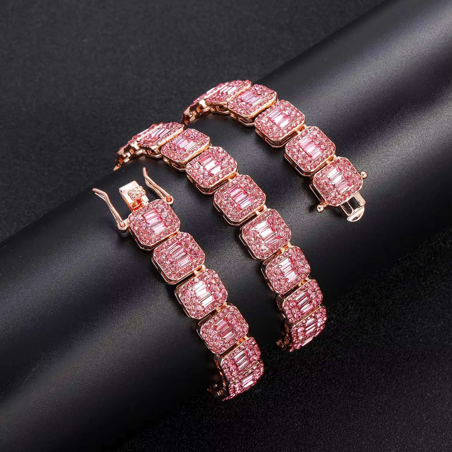 Mens Hip Hop Diamond Rose Gold Pink 13MM Square Diamond Rock Candy Chain Moissanite Iced Out Cuban Link Chain