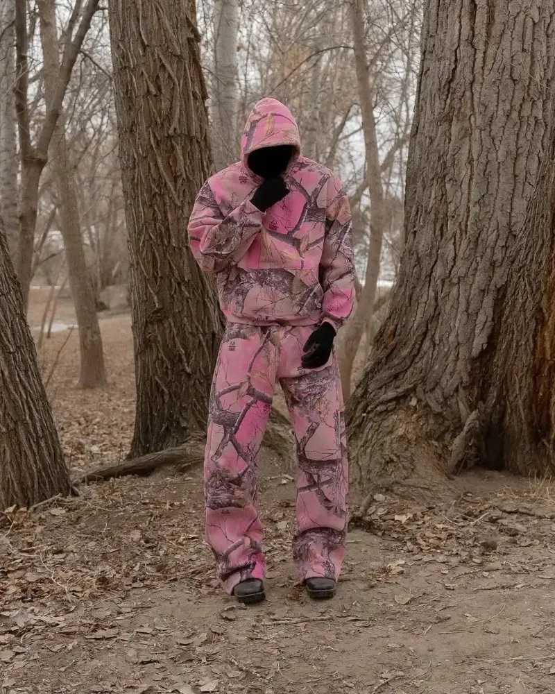 Akimboclub Fashion Pink Straight Leg Pants Hip Hop Leaves Trend Hooded Men Sweat Pants Drawstring Casual Sports Pants Streetwear X250625