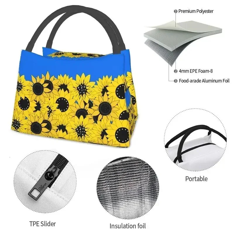 Blue Sunflower Printed Insulated Lunch Bags for Outdoor Picnic Flag Resuable Thermal Cooler Bento Box Women 250624