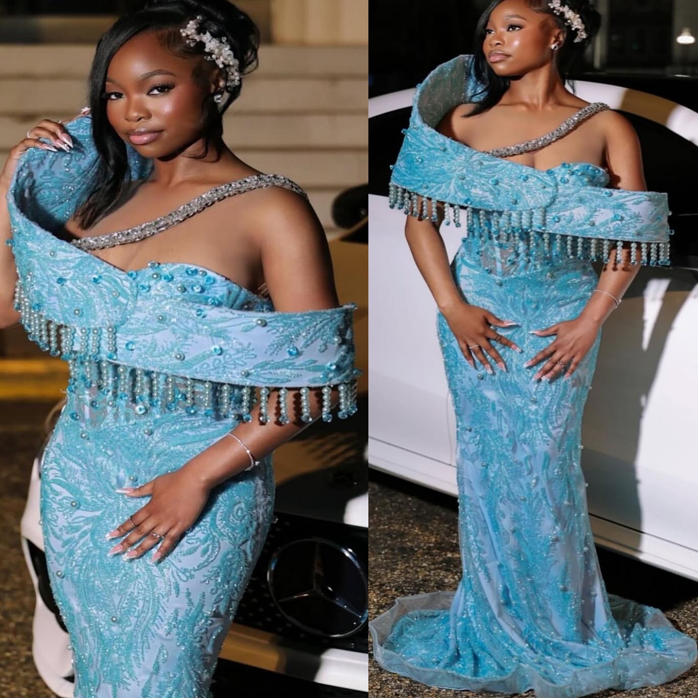 Sky Blue Mermaid Prom Dresses 2025 Pearls Crystals Sequined Lace Evening Formal Party Second Birthday Engagement Gowns Plus Size Dress For Special Occ