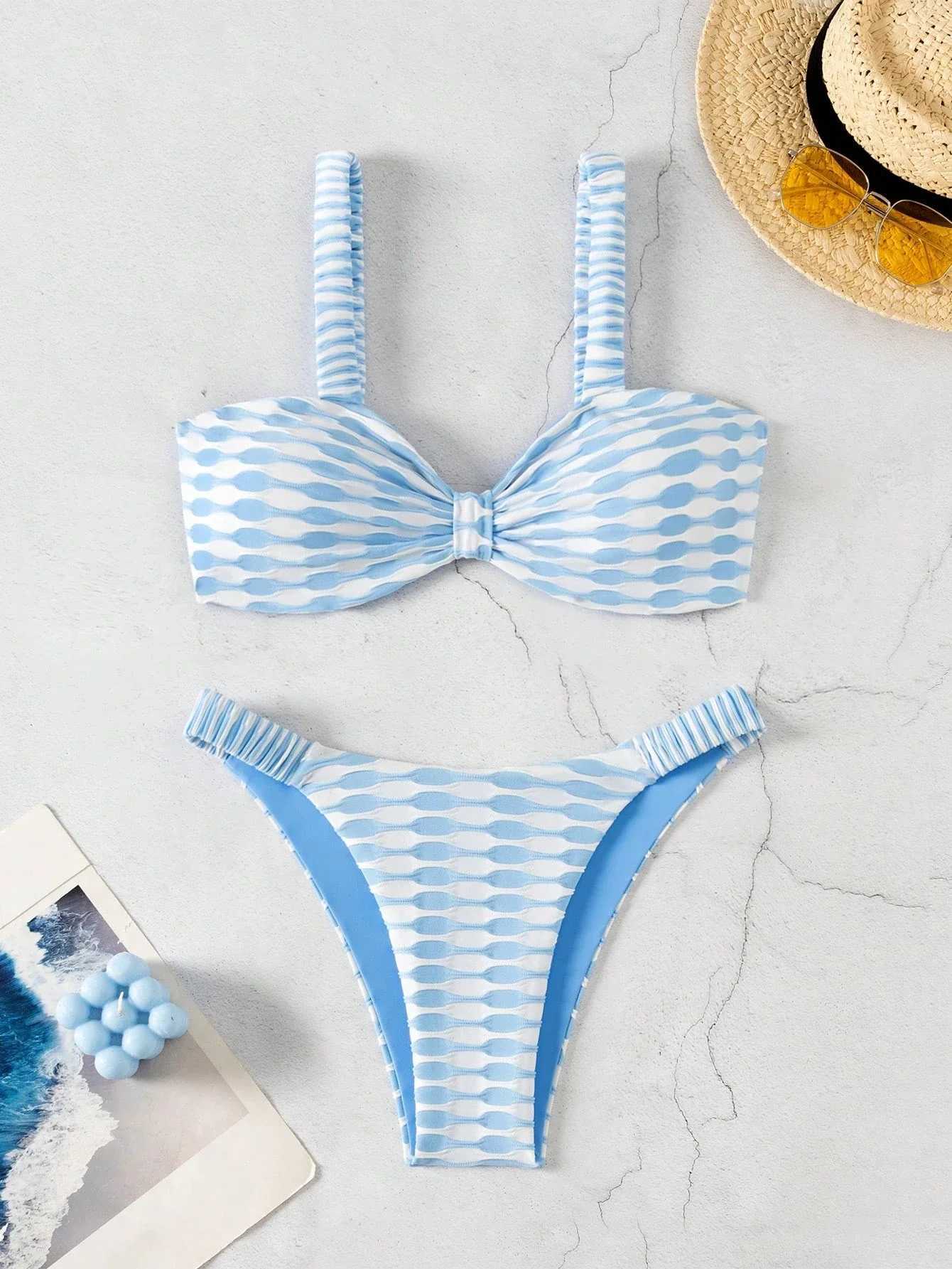 Blue striped split bikini schoolgirl youth pure seaside resort beach spaXJ250624