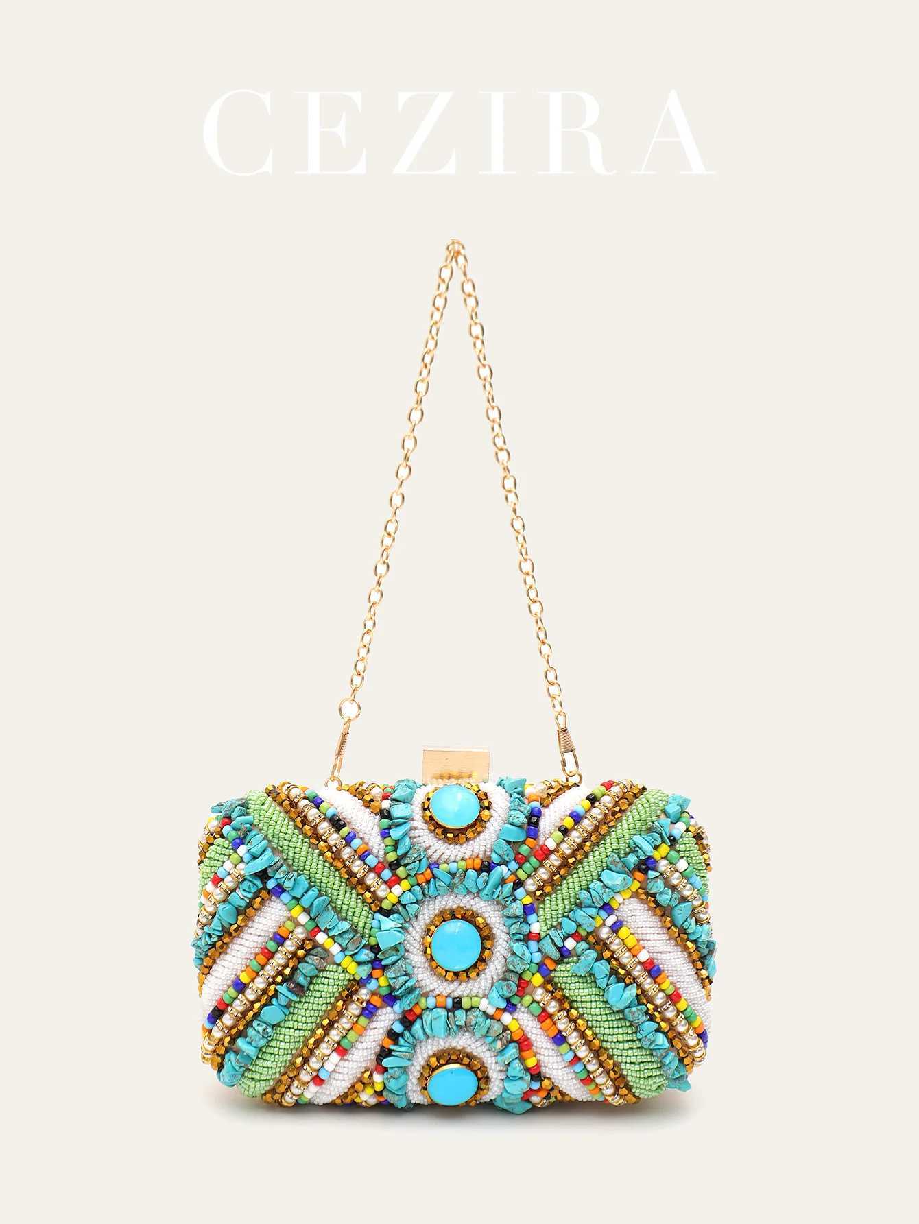 Womens Glamorous Luxury Colorful Beads Pearls Clutch Metal Frame Case Evening Bag Long Chain Purse Party Holiday Travel Tribal M250625