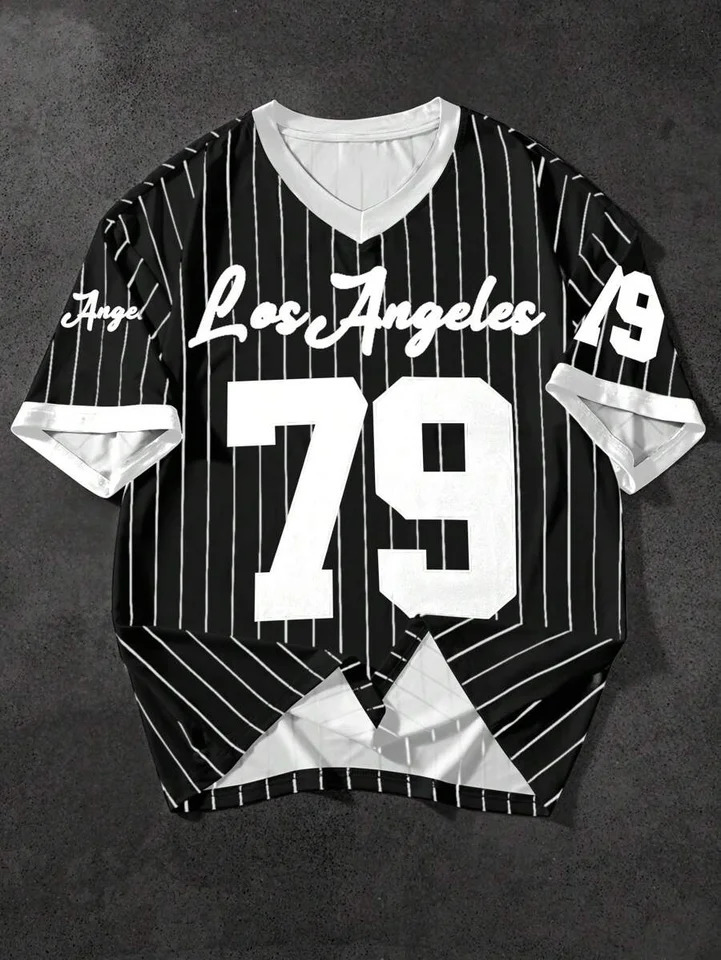 Mens Los Angeles Letter Print VNeck Short Sleeve TShirt Summer Graphic Tee Baseball Jerseys Plus Size Womens Sport 250612