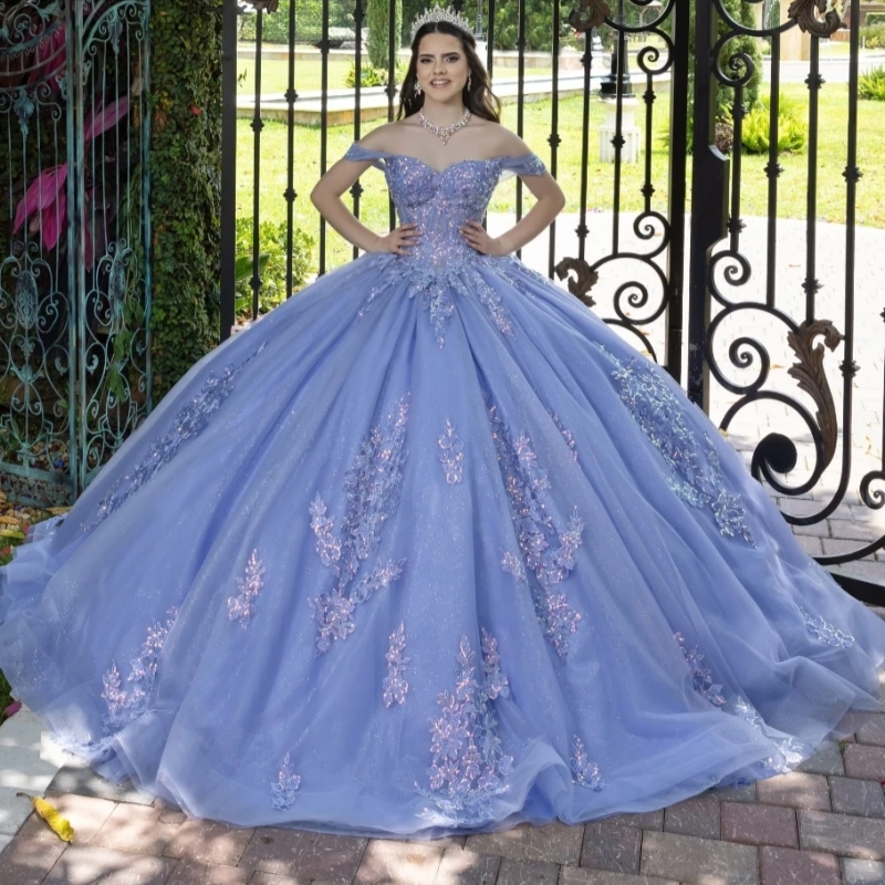 Lavender Princess Quinceanera Dresses Ball Gown Lace Applique Beaded Tull Mexican Sweet 16 Dress Vestido De 15 Anos