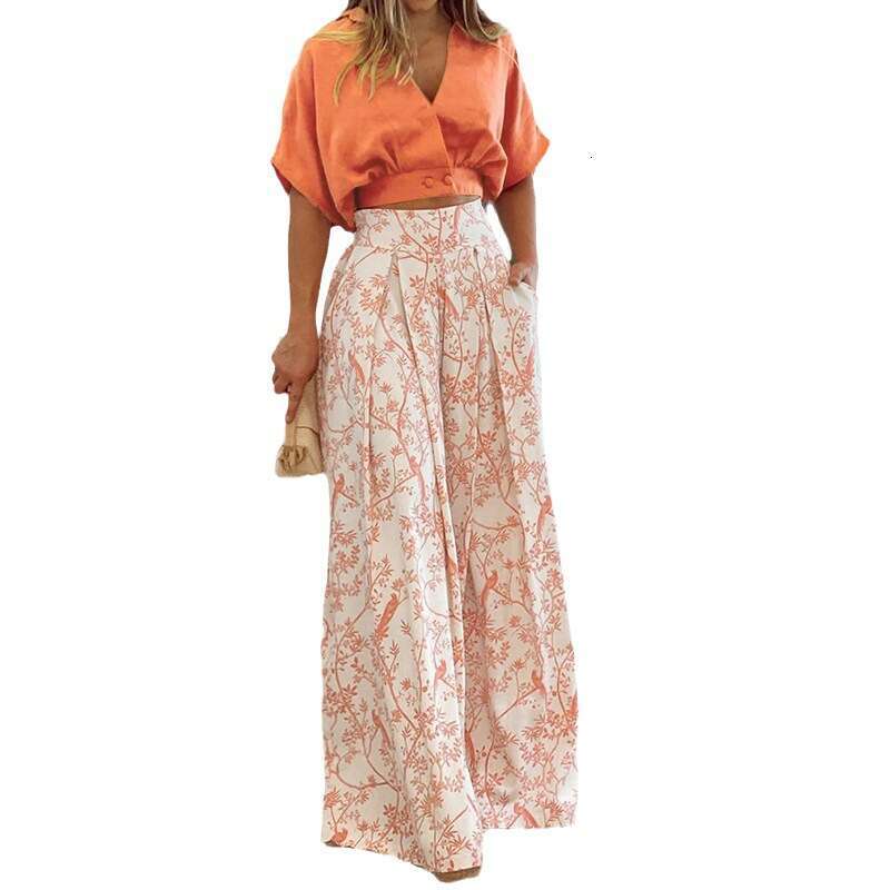 Autumn Shirt Top V-Neck Print Wide-Leg Pants Fashion Set B5