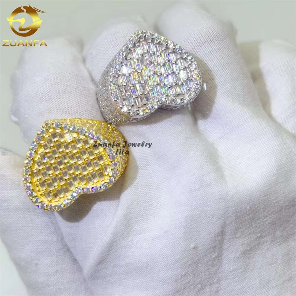 High Quality Iced Out Hip Hop baguette Heart Rings 925 Silver Gold Men Moissanite Diamond Ring