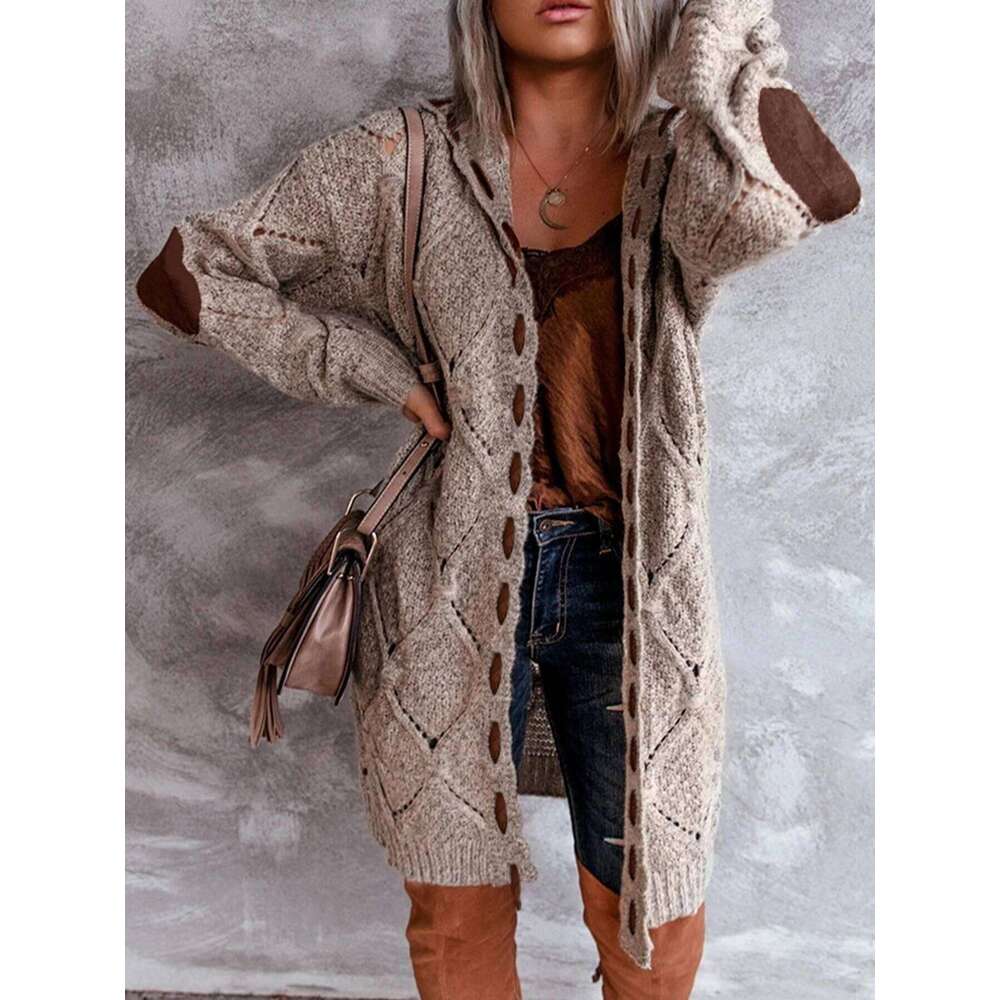 Color Block Hooded Cardigan, Elegant Mid-Length Thick Knitted Sweater Coat With String, Women's Plus Size Clothing