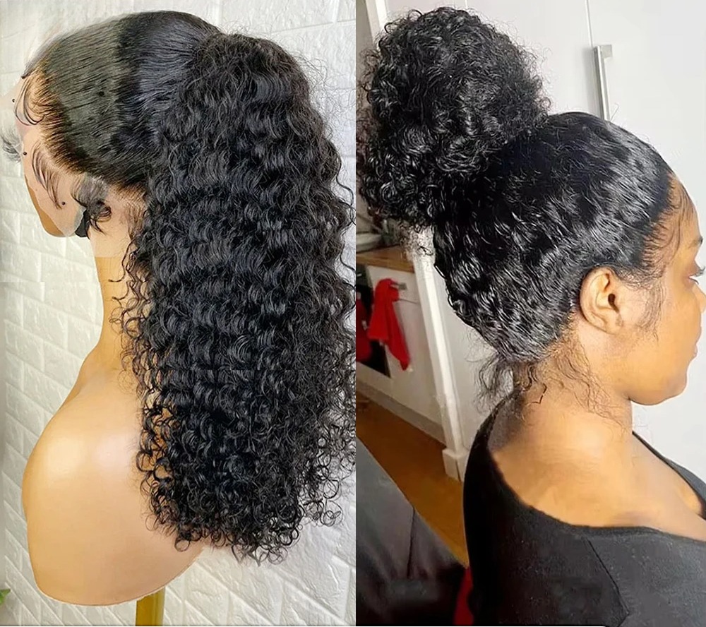 Brazilian 250density HD Deep Wave Lace Frontal Wigs 13x4 Water Curly Human Hair Glueless Lace Front Wig 30 34 Inch Kinky Curly Wear and Go Gluless Wig